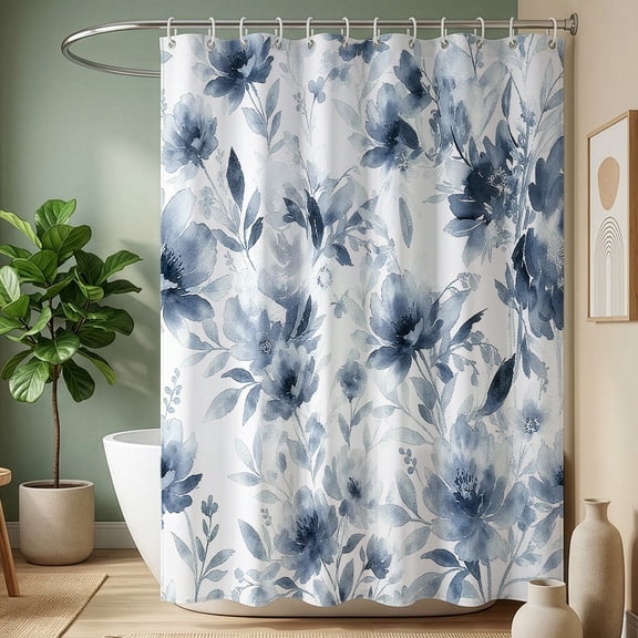 Auckpure Blue Watercolor Floral Shower Curtain 72x72 Inch, Elegant Botanical Bathroom Curtain with 12 Hooks