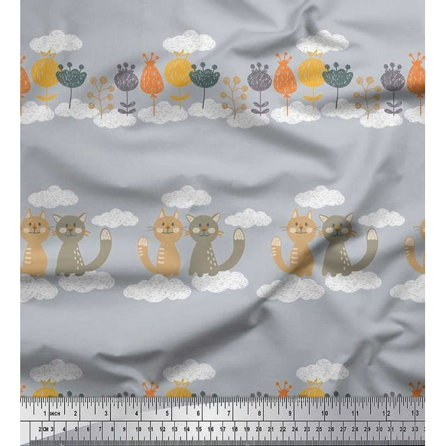 Soimoi Velvet Fabric Floral,Clouds & Cat Kids Print Sewing Fabric Yard 58 Inch Wide