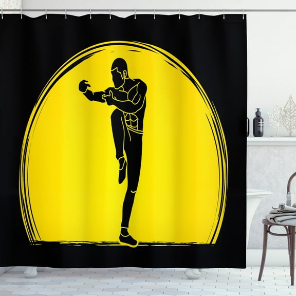 Ambesonne Kung Fu Shower Curtain, Karate Pose Man on Moon, 69"Wx70"L, Yellow Charcoal Grey