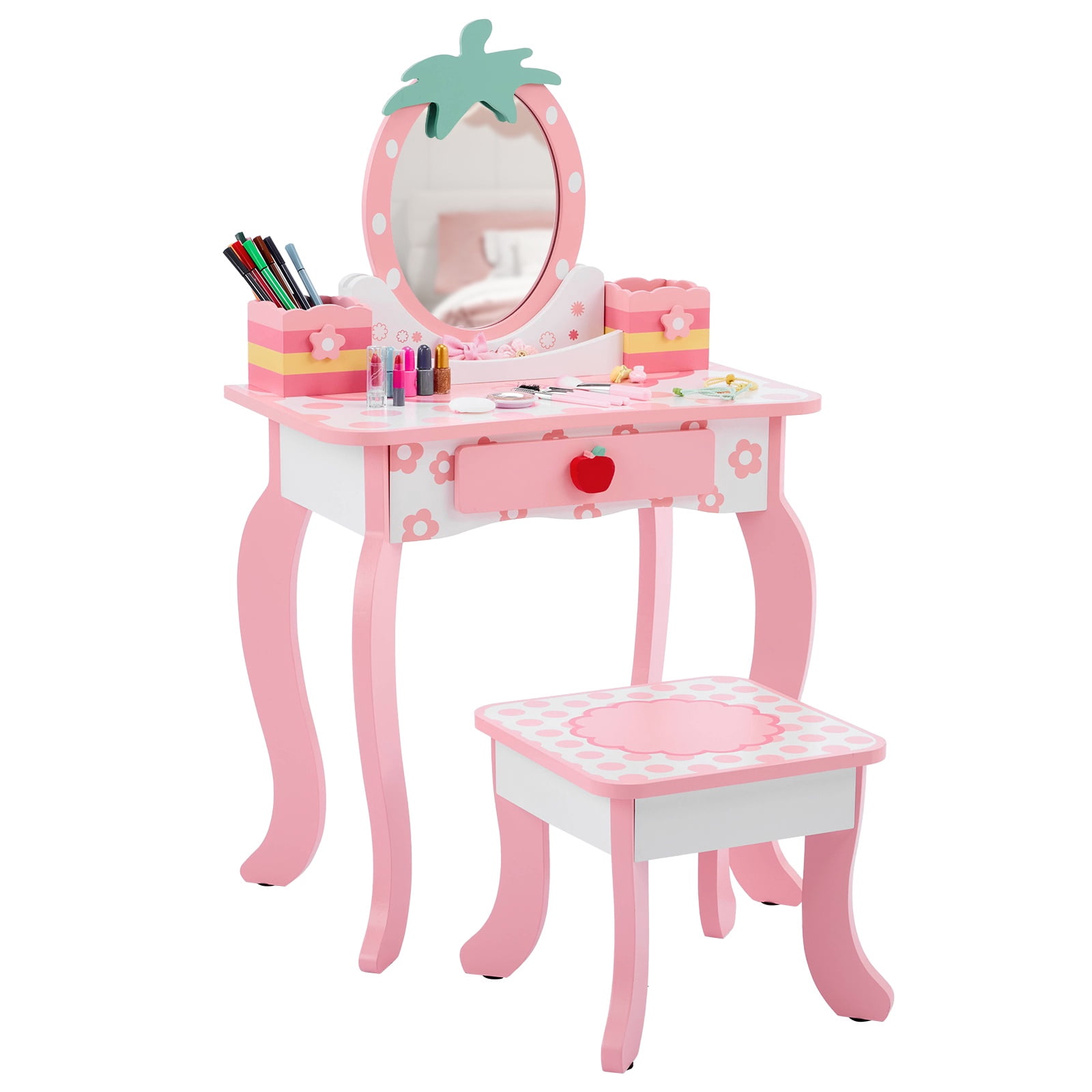 Paproos Kids Vanity Set with Mirror, Wood Pretend Play Princess Makeup Vanity Table and Chair with Drawer, Toddler Dressing Table with Apple Design, Cute Makeup Desk Set for Little Girls 3+, White