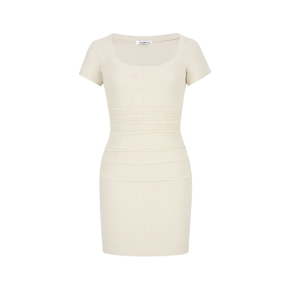 Bysome Women Dresses Solid Color Short Sleeve Square Neck Pleated Bodycon Dress Summer Breathable Women Dress Size L Beige