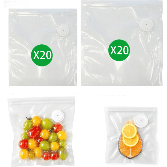 40 Reusable Vacuum Sealer Bags with Air Valve, Food Saver Bags for Sous Vide, Meal Prep & Food Storage, Leakproof Freezer Safe (20S 20L)