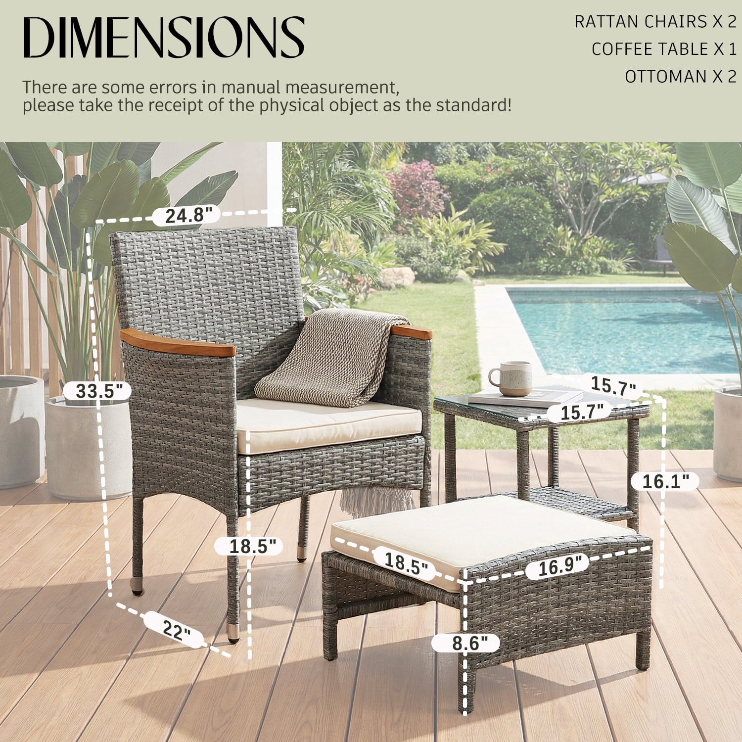 5 Pieces Outdoor Patio Furniture Set with Table&Ottoman Outdoor Furniture Patio Set Bistro Wicker Patio Set (Brown Wicker&Khaki Cushion)