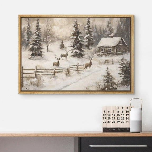 IDEA4WALL Framed Canvas Art Wall Decor Painting Cozy Cabin and Deer in Winter Forest Rustic Snowy Landscape Fine Art Vintage Retro Chic for Dorm Home Office - 24"x36" Natural