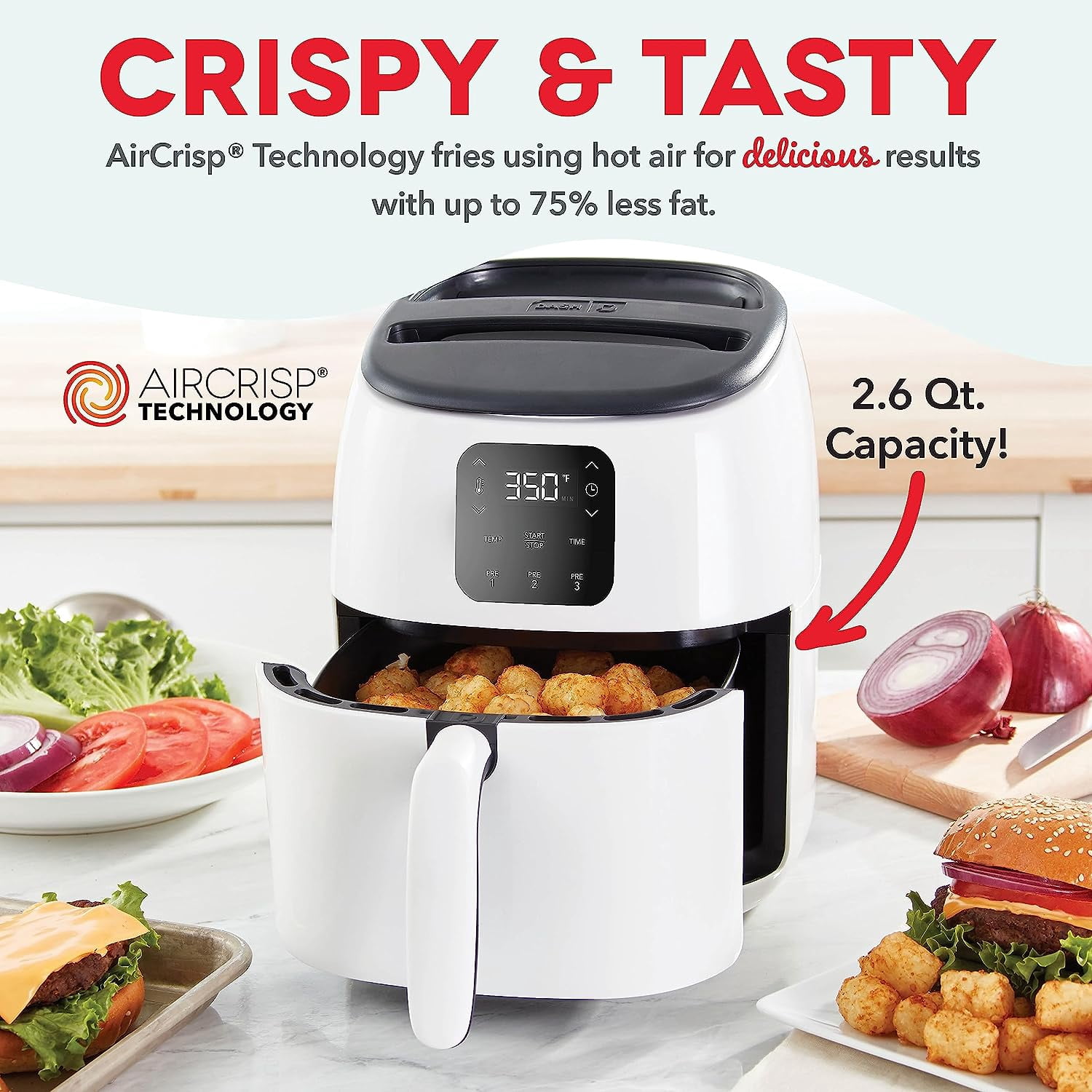DASH Tasti-Crisp™ Electric Air Fryer Oven, 2.6 Qt., White – Compact Air Fryer for Healthier Food in Minutes, Ideal for Small Spaces - Auto Shut Off, Digital, 1000-Watt (White)- New