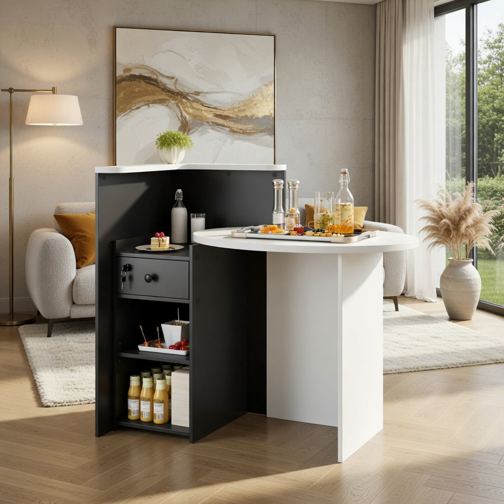 Demi Bonn Front Reception Office Desk with Open Shelf and Lockable Drawer, Small Home Computer Desk Study Writing Table, White + Black