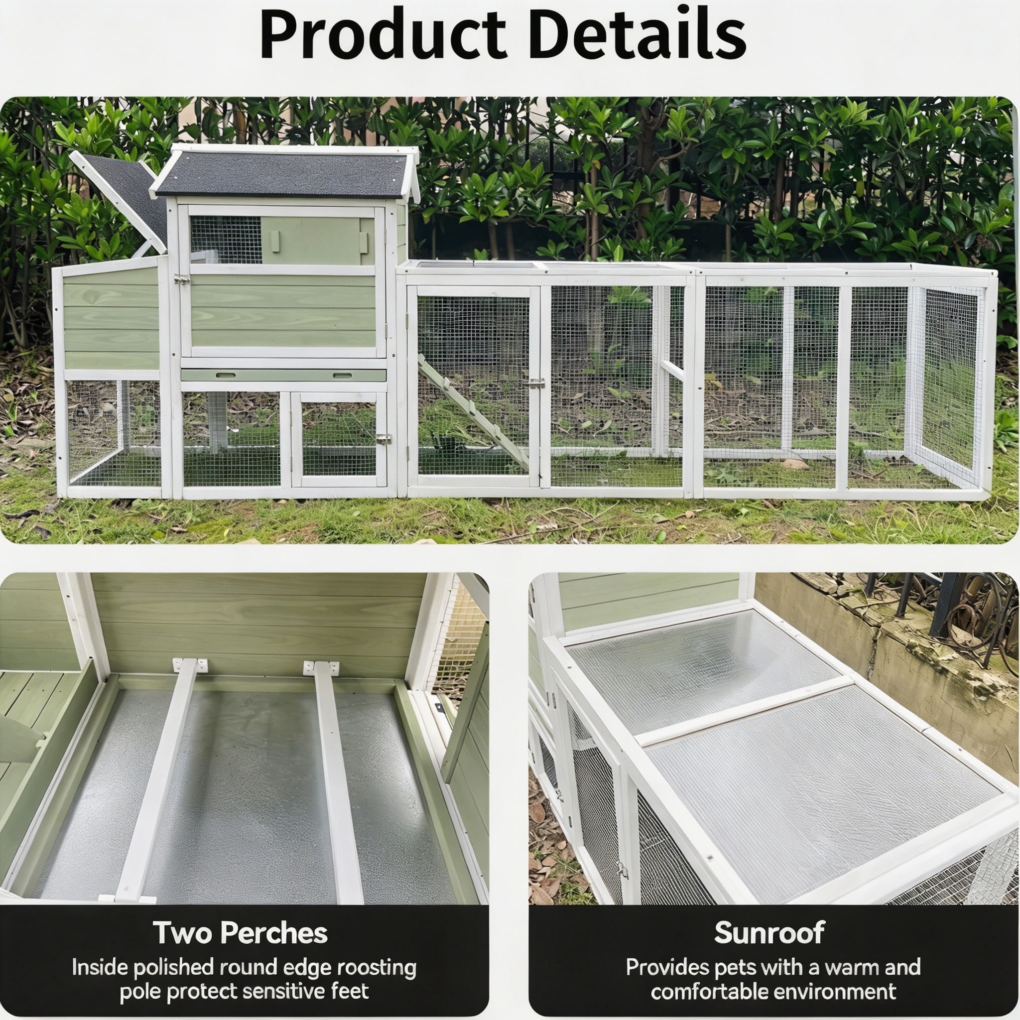 Backyard Chicken Coop with Nesting Box, Weather Resistant Wooden Hen House, Walk-In Run Options, Fits 2-6 Chickens, Green Coop with Run
