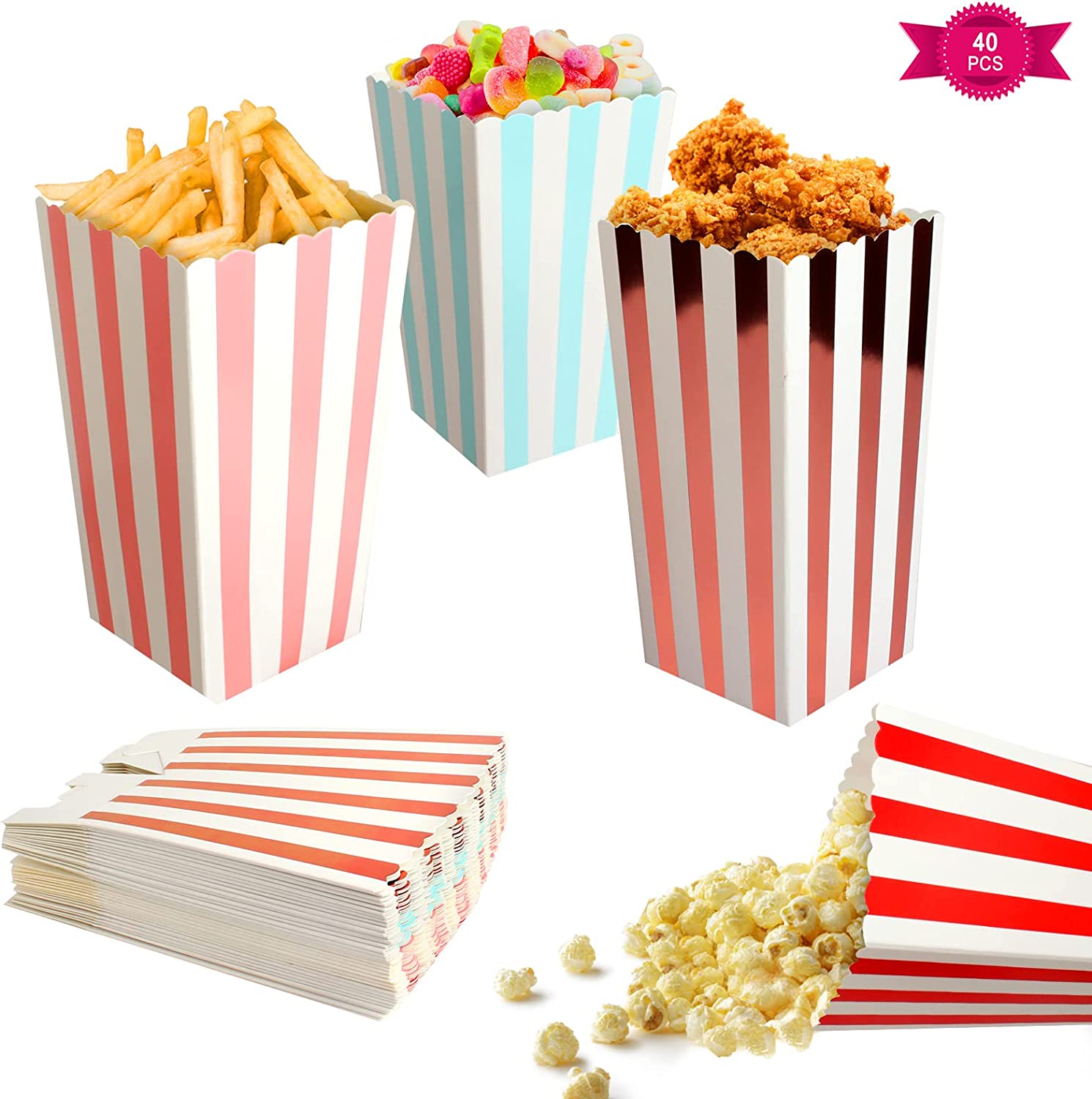 40PCS Popcorn Bags, Striped Paper Popcorn Boxes Small Popcorn Cartons