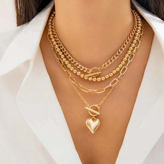Women's multi-layered necklace, fade-resistant chunky chain necklace, women's paperclip chain necklace, vintage pendant heart-shaped pendant necklace, necklace set