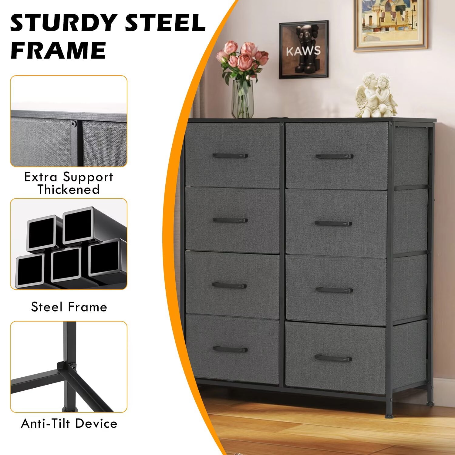 YRLLENSDAN,Large Dressers for Bedroom Tall, Plastic Dressers,Dressers for Women Bedroom, Storage Drawer Dresser, Closet Dressers ,Wood Top,Grey