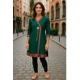 thumbnail image 2 of Women Dark Green Wrap Style Gold and Red Trim with Gold Button and hanging tassels V-neck, 3/4 Sleeves, Kurti, Kurta Tunic Top., 2 of 4