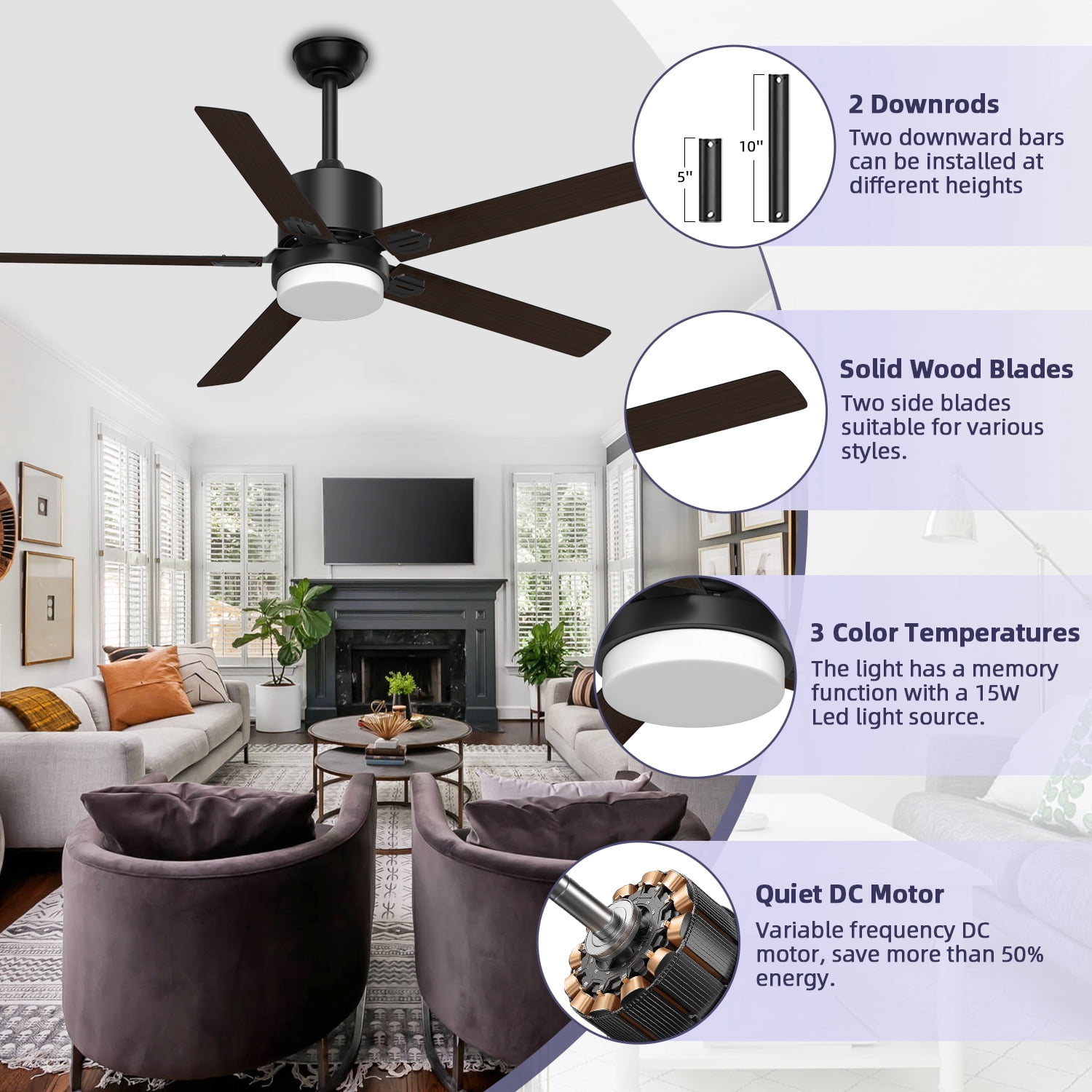 Xaujix Ceiling Fans with Lights and Remote Control, 60" Indoor Outdoor Ceiling Fan 6-Speed Silent Reversible Motor for Patio Farmhouse Bedroom Living Room, Walnut&Black