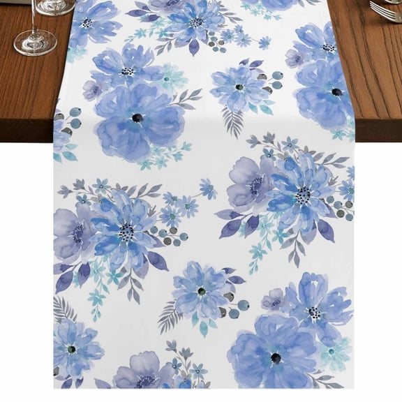Table Runners 120 Inches Long Dress Scarves, Blue Watercolor Floral Farmhouse Coffee/Dining/Kitchen Table Runner for Living Room, Spring Flower Abstract Art 13x120 Inch
