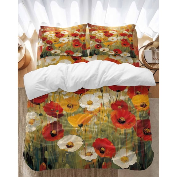 Retro Floral Bedding Duvet Cover Set Queen Size 4 Pieces Red White Yellow Poppy Flowers Oil Painting Bedding Set with Zipper Closure, 1 Comforter Cover 90x92 Inches 1 Flat Sheet & 2 Pillow Cases