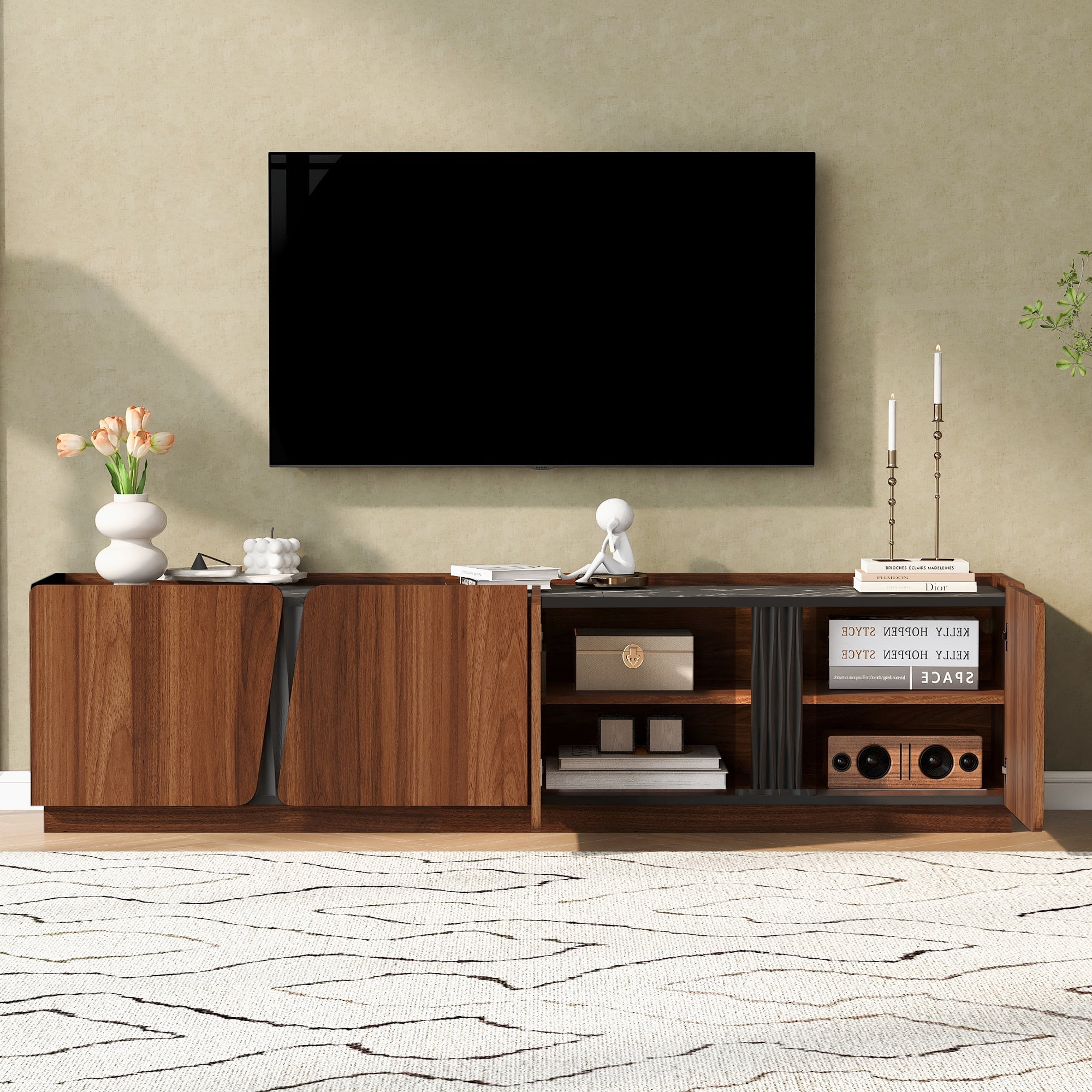 Modern Storage Cabinet with Irregular Doors and Marble Top, 75-Inch TV Stand with Adjustable Shelves for Living Room, Tiger