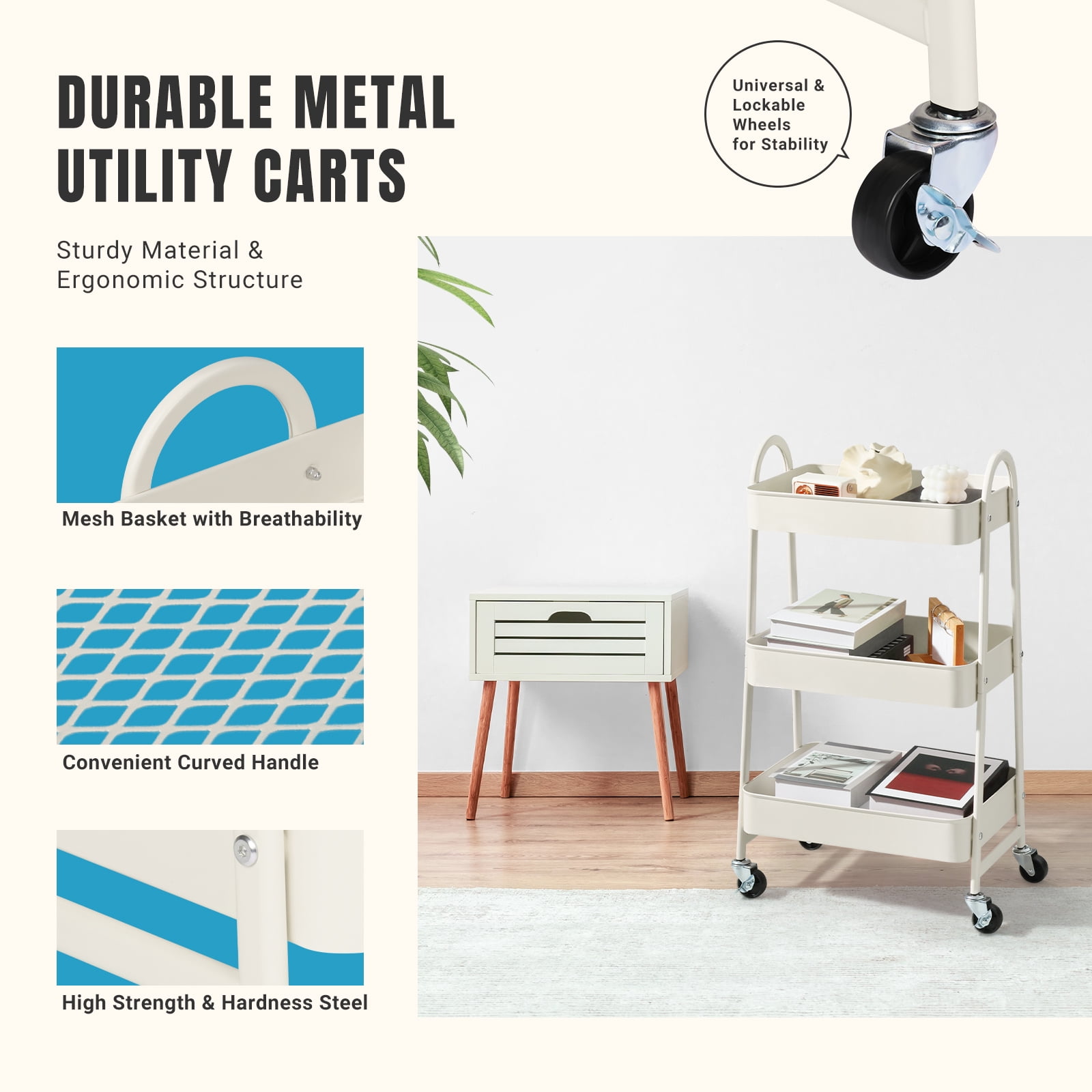 GIANNA 3 Tier Rolling Cart Organizer, Plastic Rolling Cart with Lockable Wheels & Reinforced Handle, Lightweight Utility Cart Storage Cart for Nursery, Kitchen, Bathroom, Craft Room