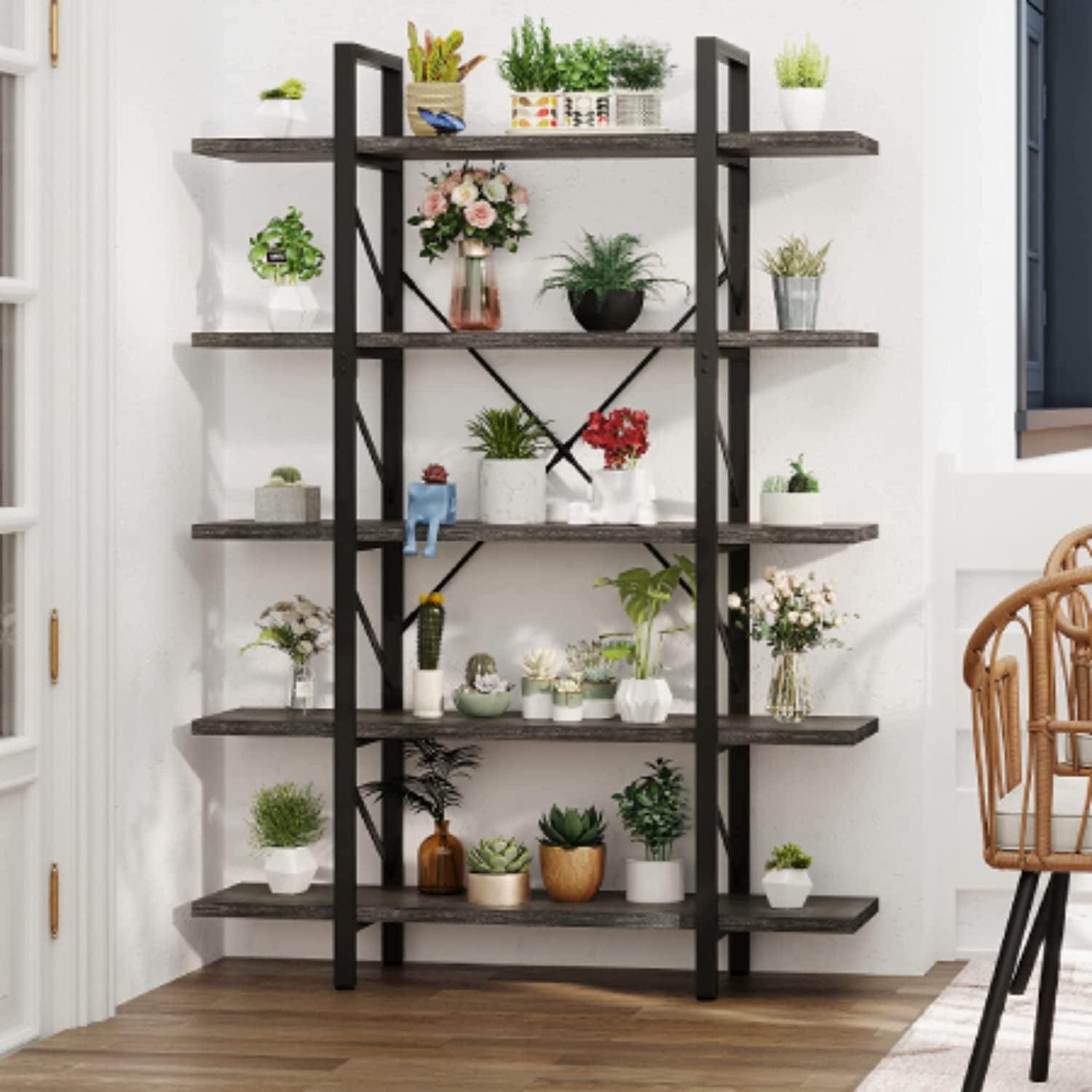 Dextrus Industrial 5 Shelf Bookcase, Modern Free Standing Bookshelf Storage Organizer with Metal Frame, Book Shelves for Living Room Bedroom Balcony Home Office, Gray Wash
