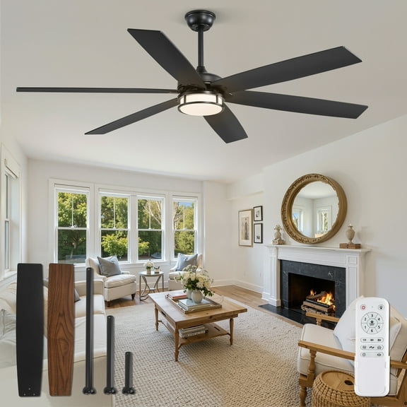 Zardon 65in Ceiling Fans with Light and Remote Control, Large Farmhouse Ceiling Fans with Reversible 6-Speed for Indoor, Black