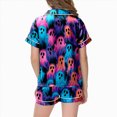 thumbnail image 4 of KPOPLK Girls Short Sleeve Halloween Pajamas Set for Kids Cute Print Collared Tops and Shorts Pjs Set Satin Silk Lightweight Kids Halloween 2 Pieces Outift,Size 8-9 Years, 4 of 5