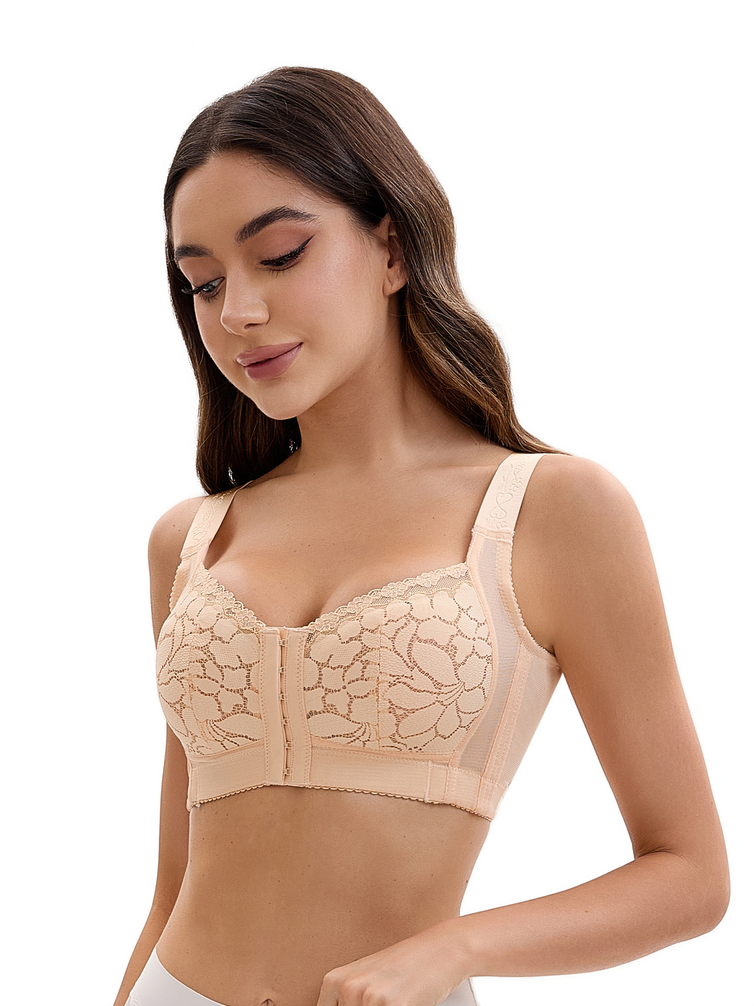 Unique Bargains Lace Front Closure Full Coverage Wirefree Bras E 44 Beige