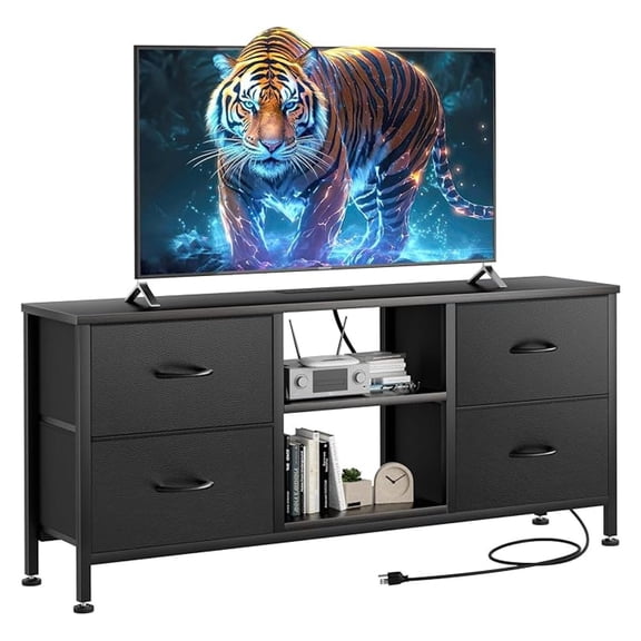 TV Stand for Bedroom, Dresser TV Stand with 4 PU Drawers & Open Shelves for 50" TV, Entertainment Center with Power Outlet, Dresser for Bedroom, Living Room, Entryway, Black