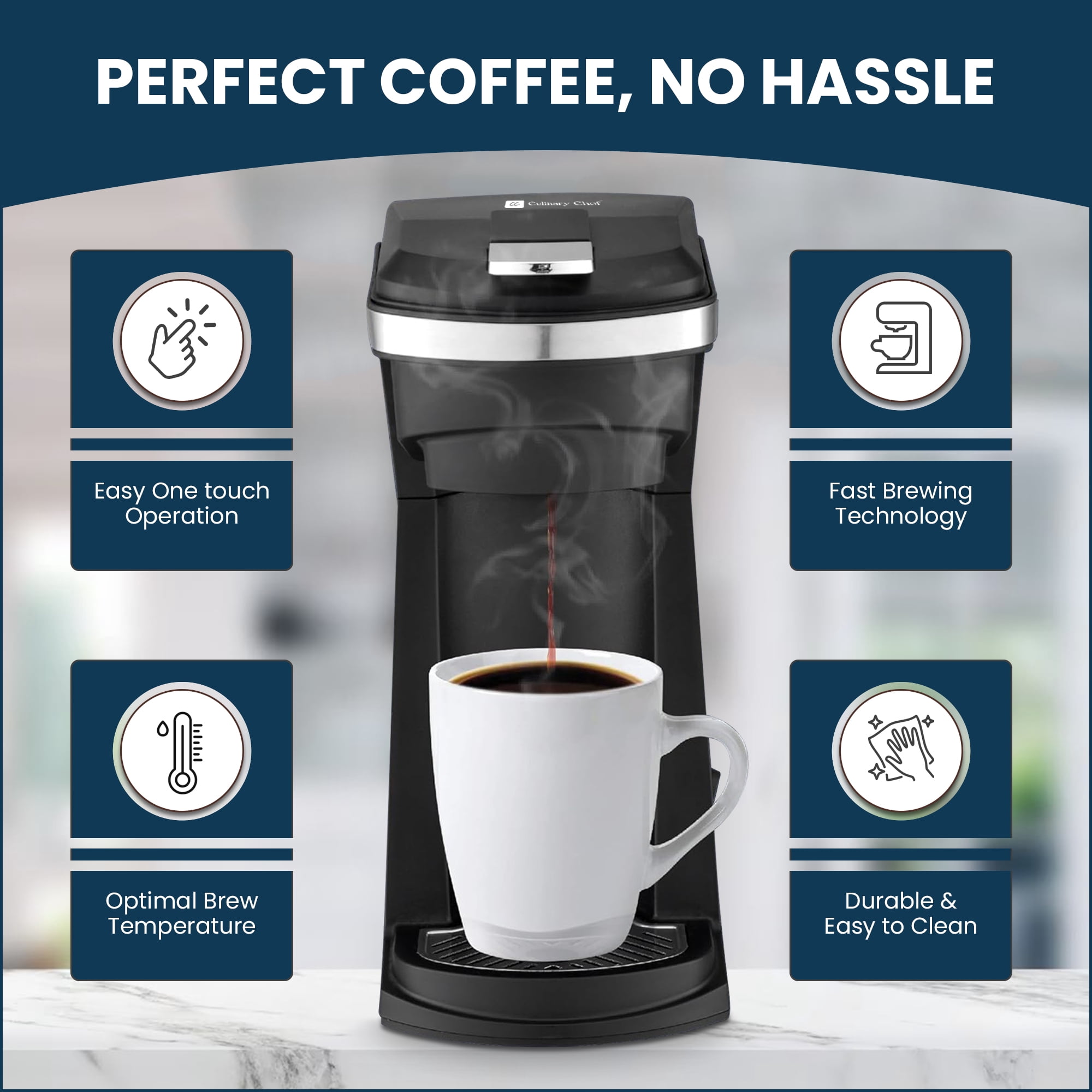 CULINARY CHEF 2-in-1 Single Serve K Cup Coffee Maker with Reusable Stainless Steel Mesh Grounds Pod, Optimal Brew Temperature for Hot, French, Italian, or DIY Iced Blends, Black