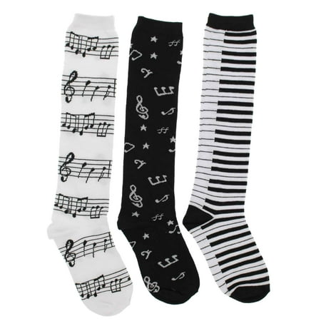 

Women s Black White Music Notes Piano Keys Instruments Knee High Socks (3Pr)