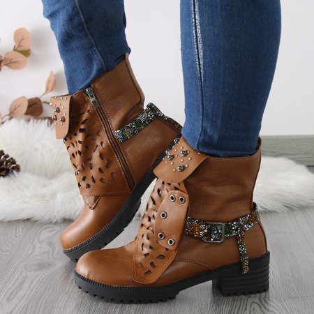 

dmqupv Boots Women 8 39 Womens Boots Vintage Hollow Out Carved Lace Up Side Zipper Buckle Cowboy Boots for Women Brown 9