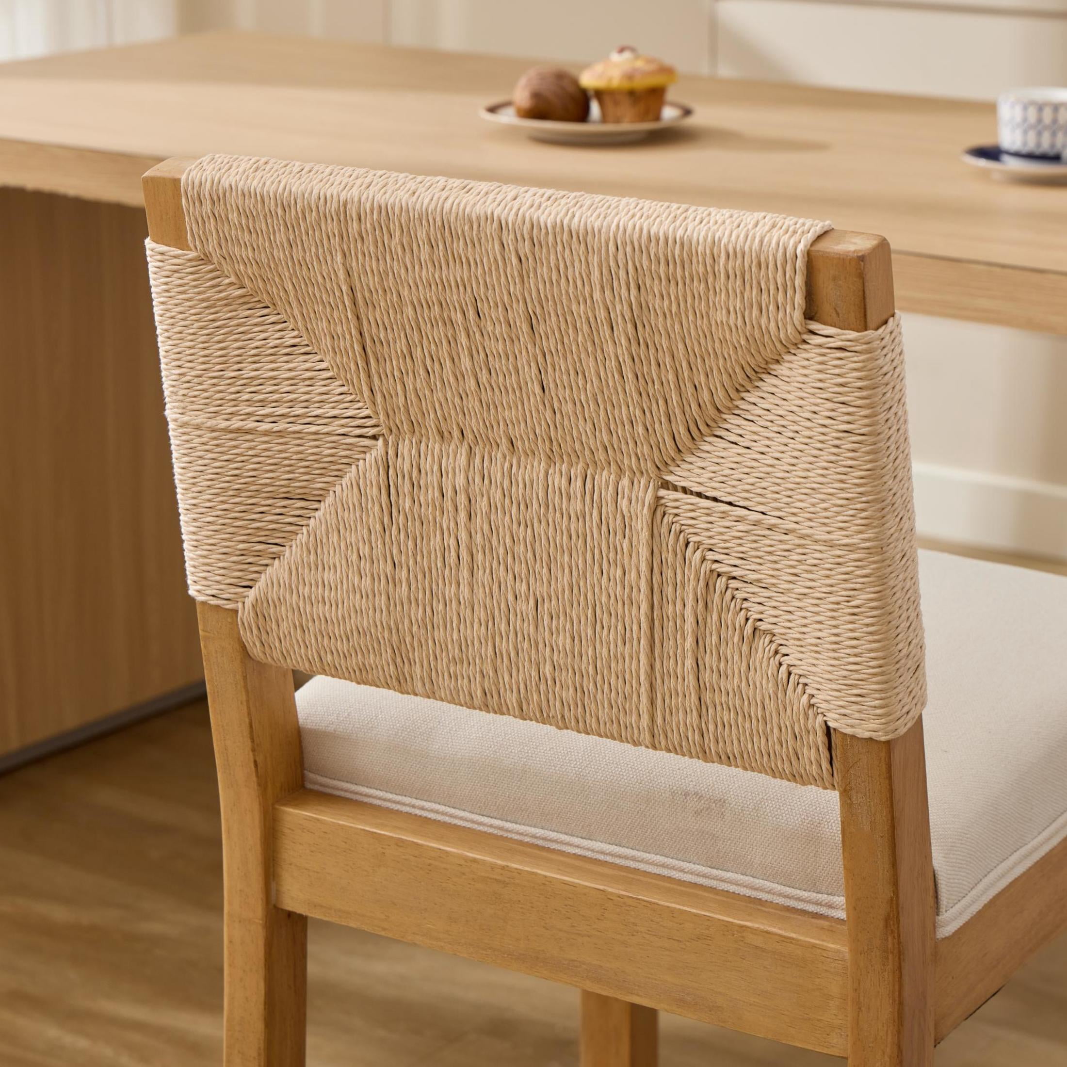GDF Studio 38.6" Counter Height Bar Stools Set of 2 with Hand-Woven Rattan Back, Linen Upholstery, Beige
