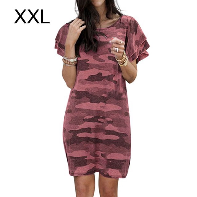 Vestido de mujer Camiseta larga con estampado de camuflaje Vestido suelto de manga corta, rojo vino, XXL Monstrate AP002154-13