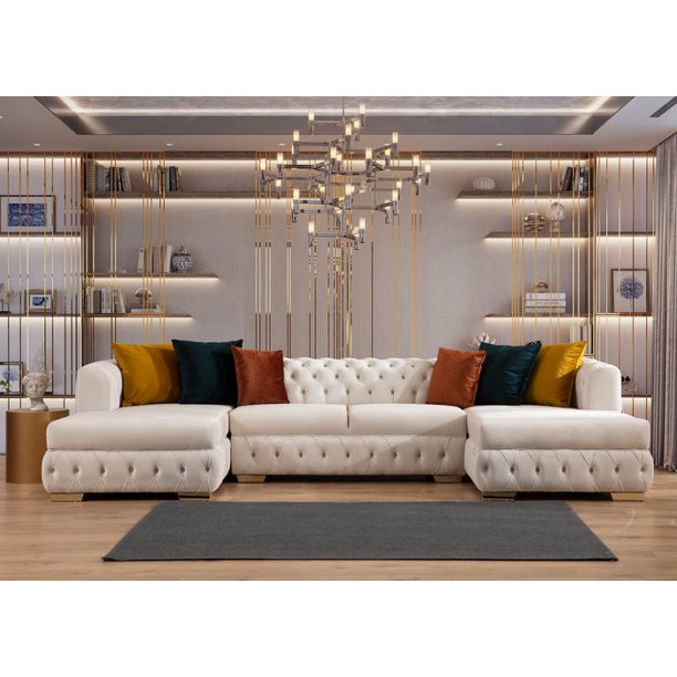 Paris White Sectional Ivory Velvet Double Chaise U shaped sectional