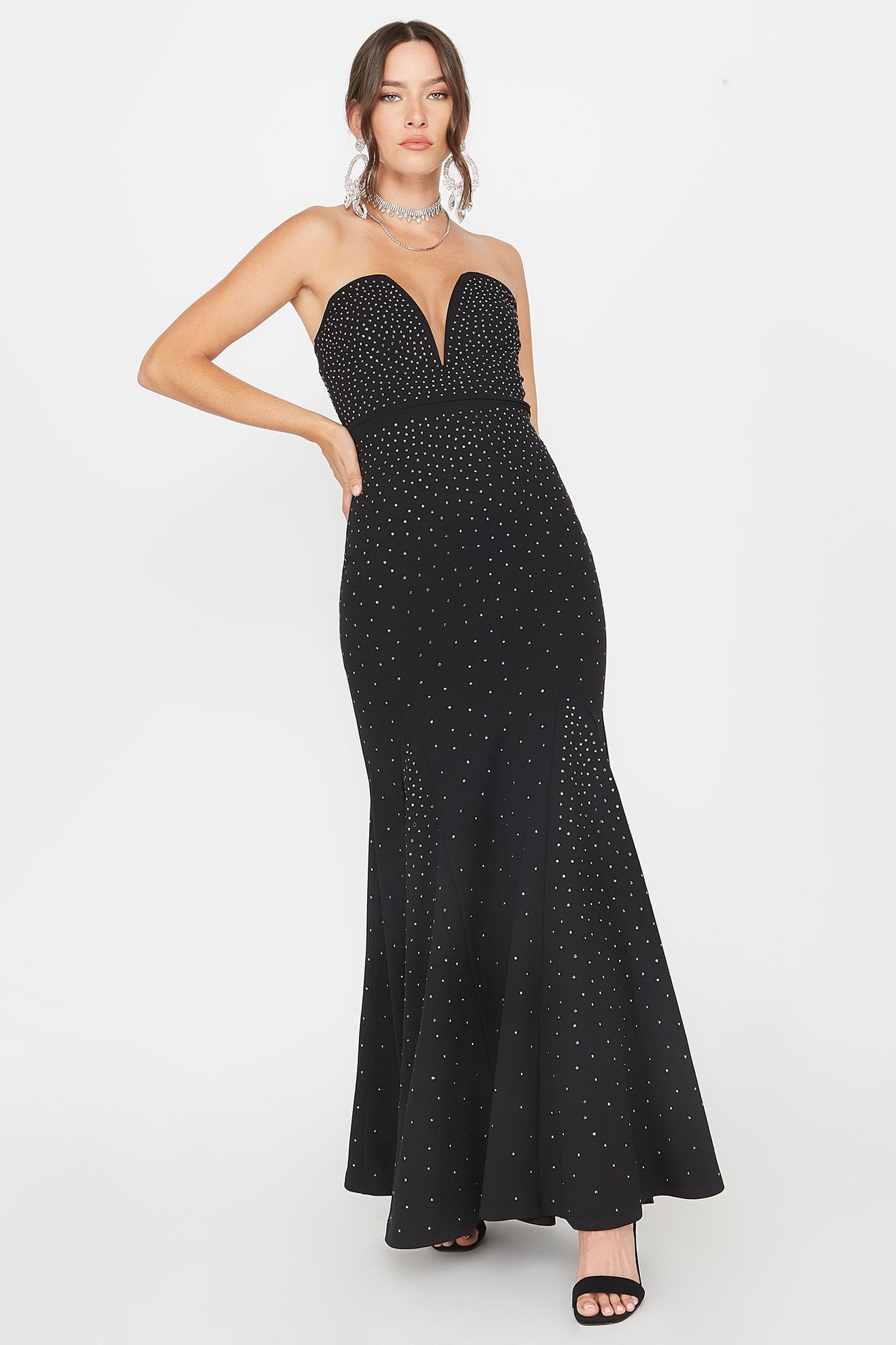Urban Women's Studded Plunging Sweetheart Mermaid Maxi Dress