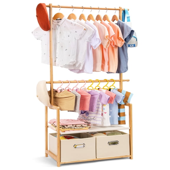 Enogets Bamboo Closet Organizer, Freestanding Clothing Rack with Adjustable Hanging Rods & 2 Storage Baskets for Children's Bedroom