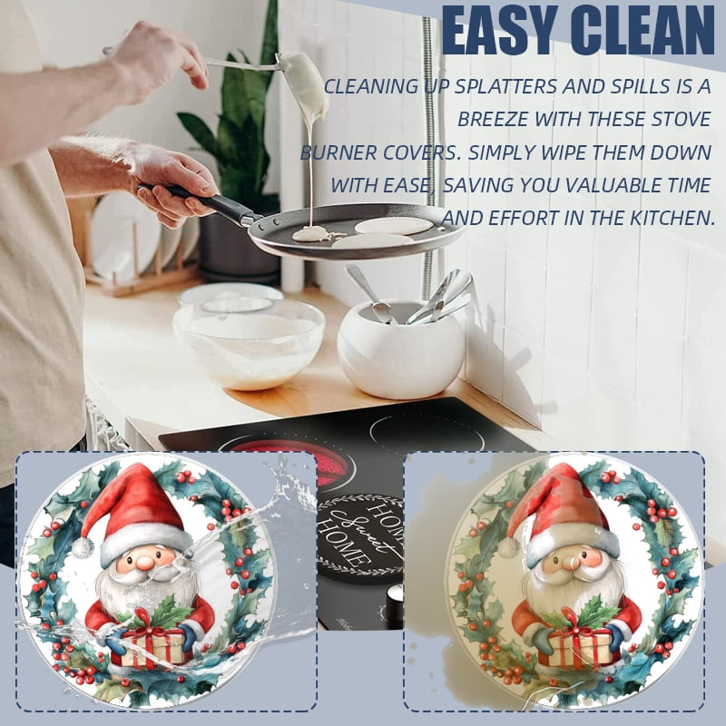 Christmas Round Burner Covers for Electric Stove, Red Santa Present Metal Durable Stovetop Decor Gas Stove Burner Covers Set of 4 Range Accessories for Kitchen, 8 Inches and 10 Inches