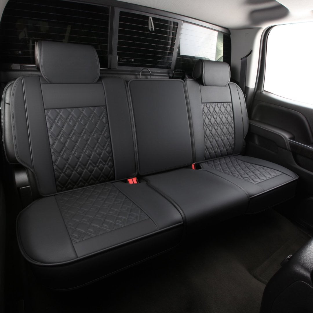 JOJOBAY Chevy Silverado Seat Covers,Leather Seat Covers for GMC Sierra,Custom Fit 2007-2024 1500 2500HD 3500HD Crew Double Extended Regular Cab,LT LZT RST(Rear Seat Covers,Black)