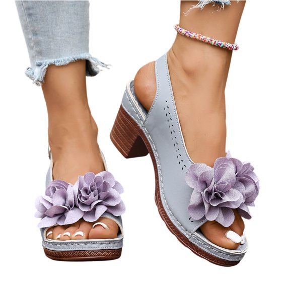 EKVAHL Orthopedic Block Heel Sandals for Women, Slingback Floral Decor Slip On Dress Shoes, Hollow Cut Party Wedding Daily Sandals Blue