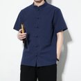 thumbnail image 3 of Koszal Men Solid Color Stand Collar Short Sleeve Loose Shirt Chinese Style Tang Suit, 3 of 7
