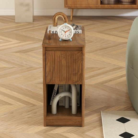 Diubas Flip Top End Table with Charging Station and Wheels, Narrow Sofa Side Table Nightstand for Living Room Bedroom Small Spaces, Walnut