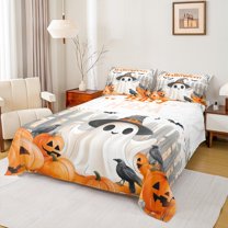 Manfei Kawaii Ghost Child Twin Sheet Sets, Funny Orange Pumpkin Twin Fitted Sheet, Happy Halloween Theme Flat Sheet, Microfiber Bedroom Decor, 3 Pieces