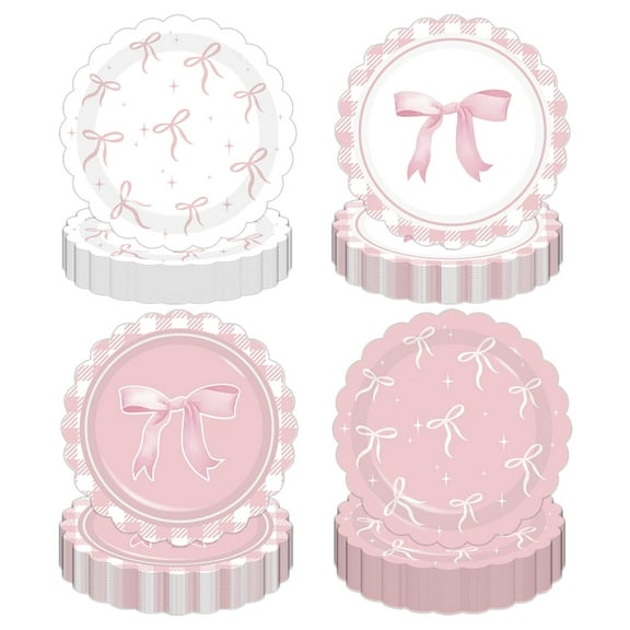 GZ-AMDZJ 48 Pcs Pink Bow Birthday AFN1Decorations Plates, Cups, 7 Inches Cute Bow for Coquette Birthday Decorations, Party Davors Supplies Disposable Dessert Plates