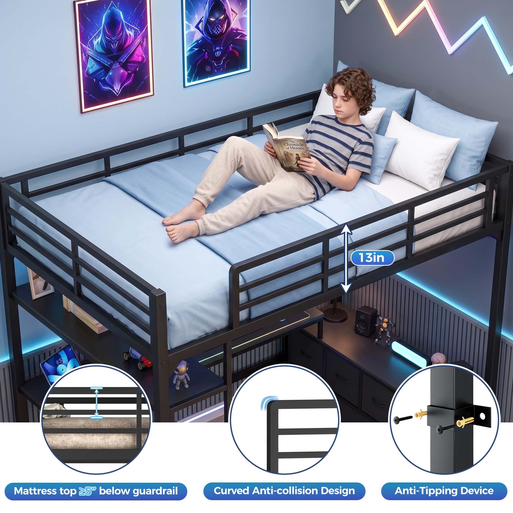 Miniyam Full Size Metal Loft Bed with Desk, 7 Drawers, LED & Charging Station, Black