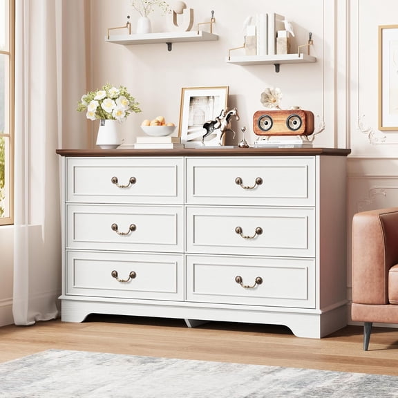 Memoryfield 47" Wide 6 Drawer Vintage Dresser, Double Chest of Drawers, Wooden Storage Organizer for Bedroom, Living Room, Hallway, Entryway, White