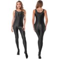 thumbnail image 3 of Lencería Sexy para mujer, Body ajustado de Color sólido brillante, mono con cuello simulado y cremallera trasera, traje de gato leotardo de baile, 3 of 5
