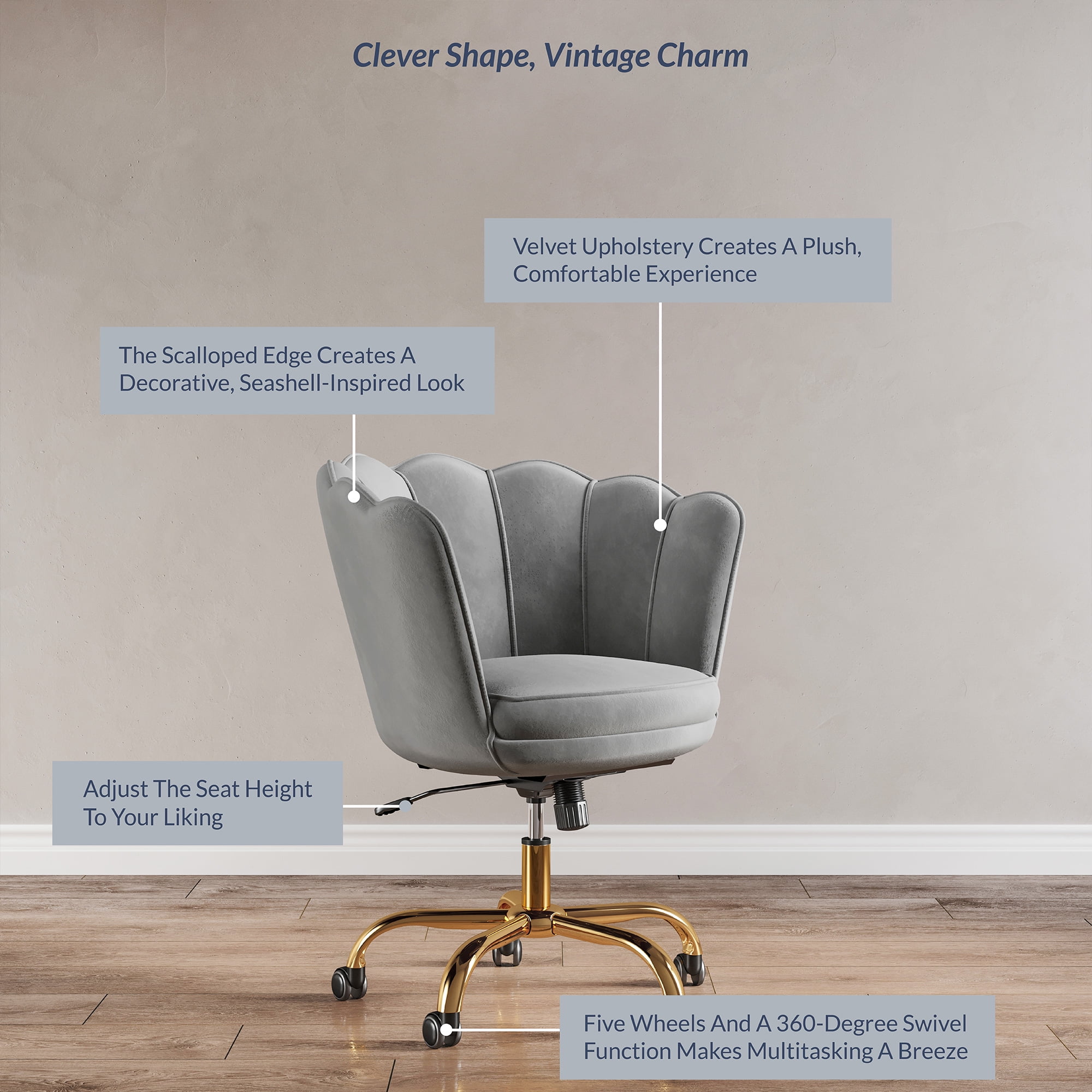 BELLEZE Kaylee Office Chair Upholstered Velvet Seashell Swivel