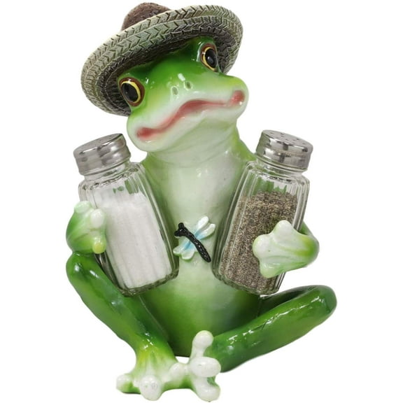 Ebros Green Toad Tree Frog With Sombrero Glass Salt Pepper Shakers Holder Set