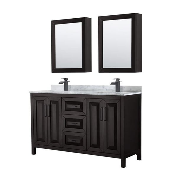 60 in. Daria Double Bathroom Vanity with White Carrara Marble Countertop, Undermount Square Sinks, Matte Black Trim & Medicine Cabinets - Dark Espresso