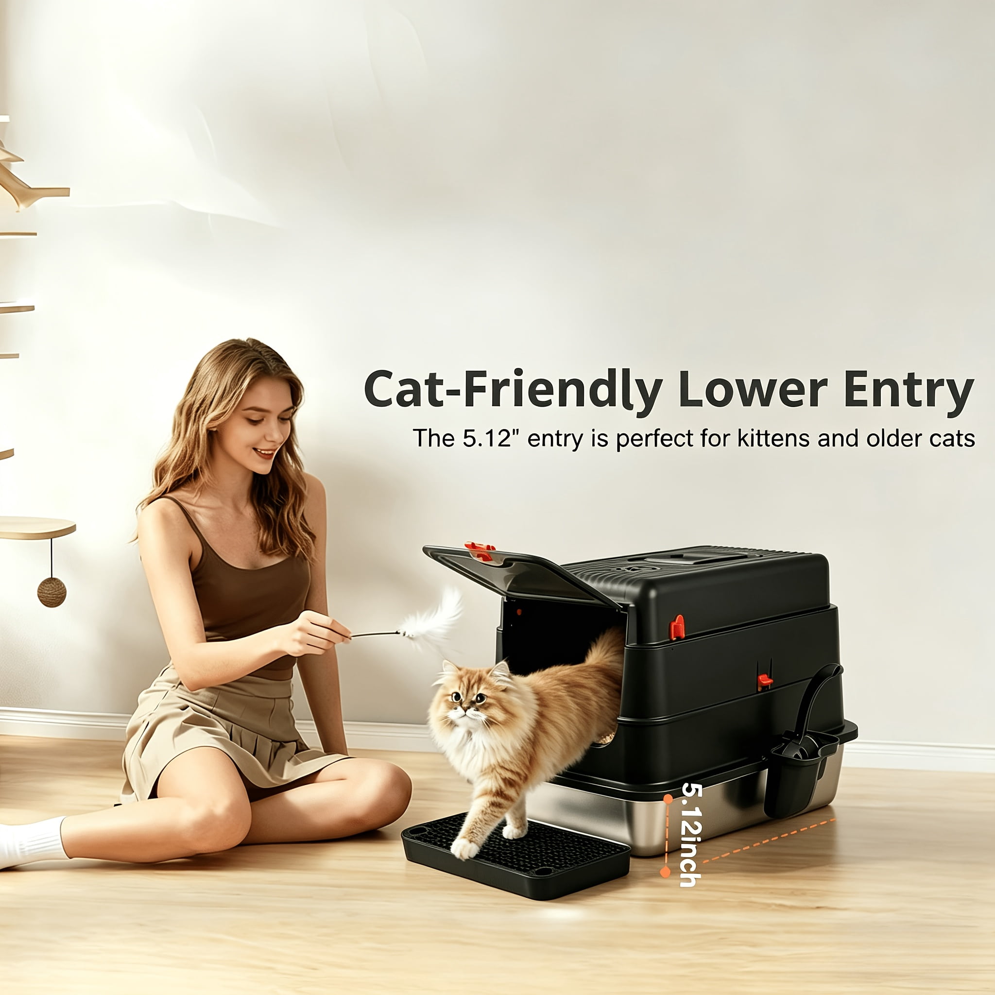 4-Mode Switchable Closed Stainless Steel Cat Litter Box, Leak-Proof & Scratch-Resistant with Sand-Proof Pedal, Free Scoop Included, Easy Clean Medium Size for Multi-Cat Homes