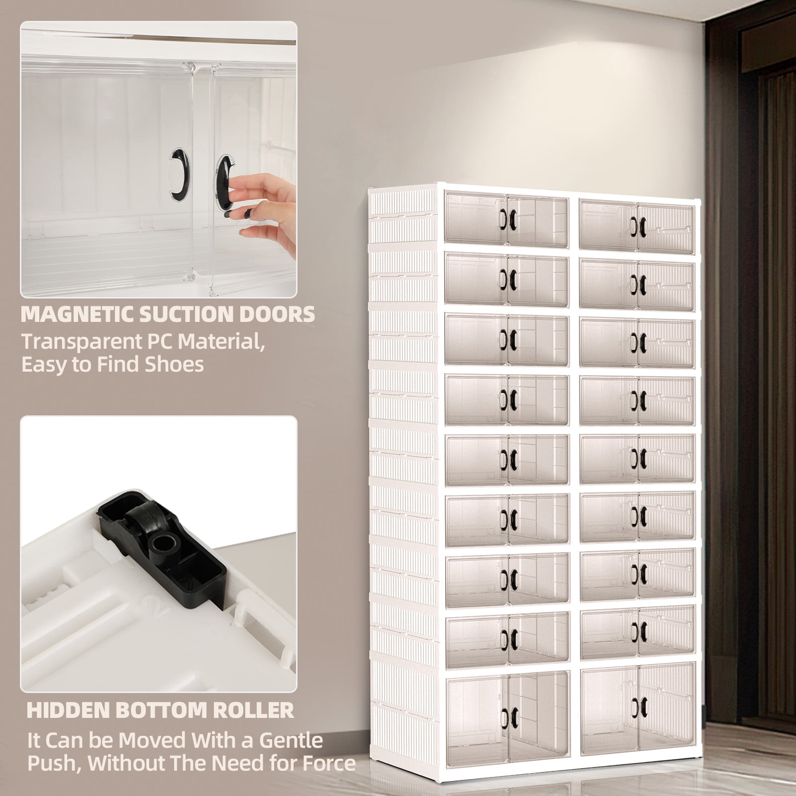 9 Tiers 2 Row Foldable Shoe Rack, Transparent Shoe Boxes with Magnetic Double Doors