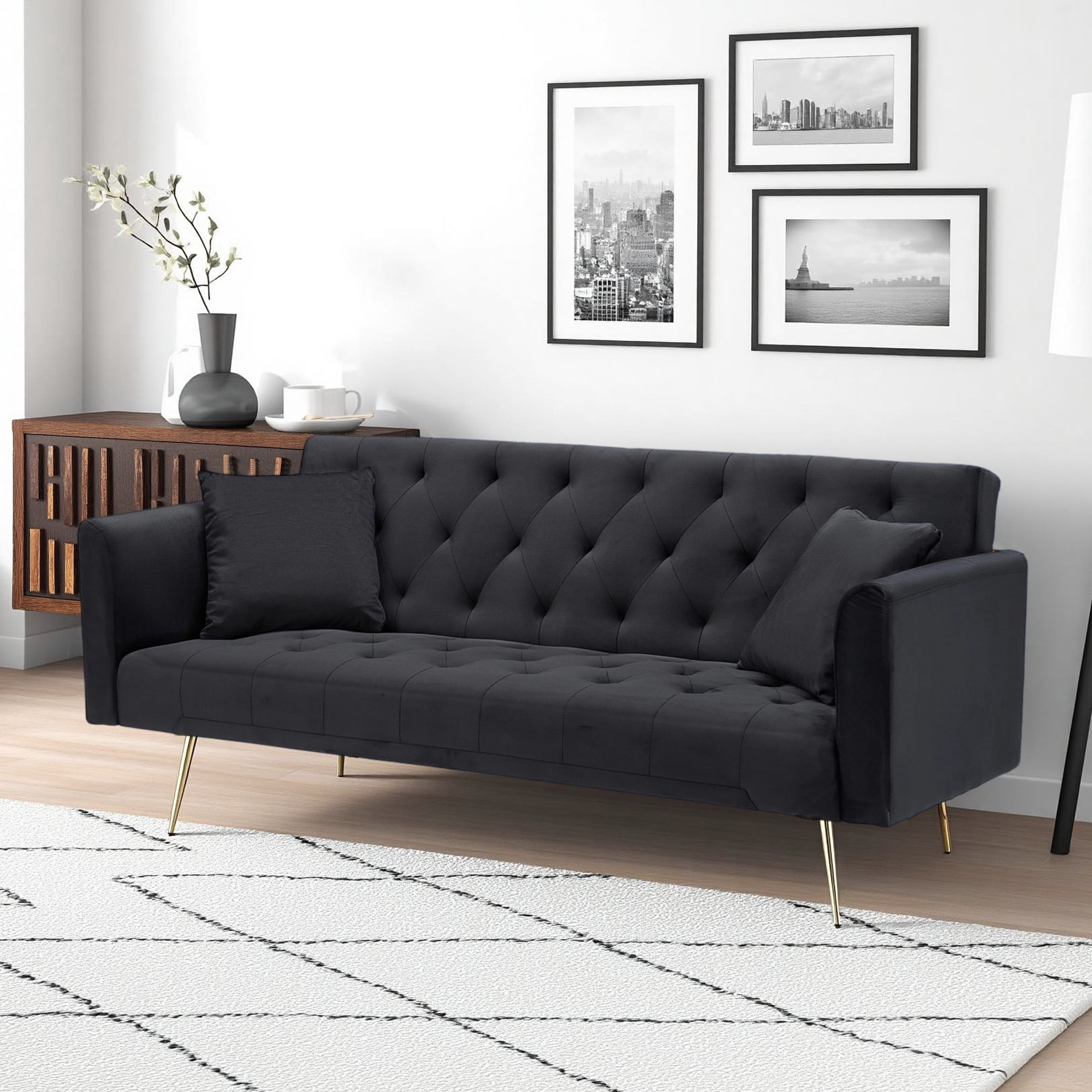 Leumius Velvet Futon Sofa Bed,Convertible Sleeper Couchwith Adjustable Backres & 2 Pillows for Small Spaces,Living Room,Black