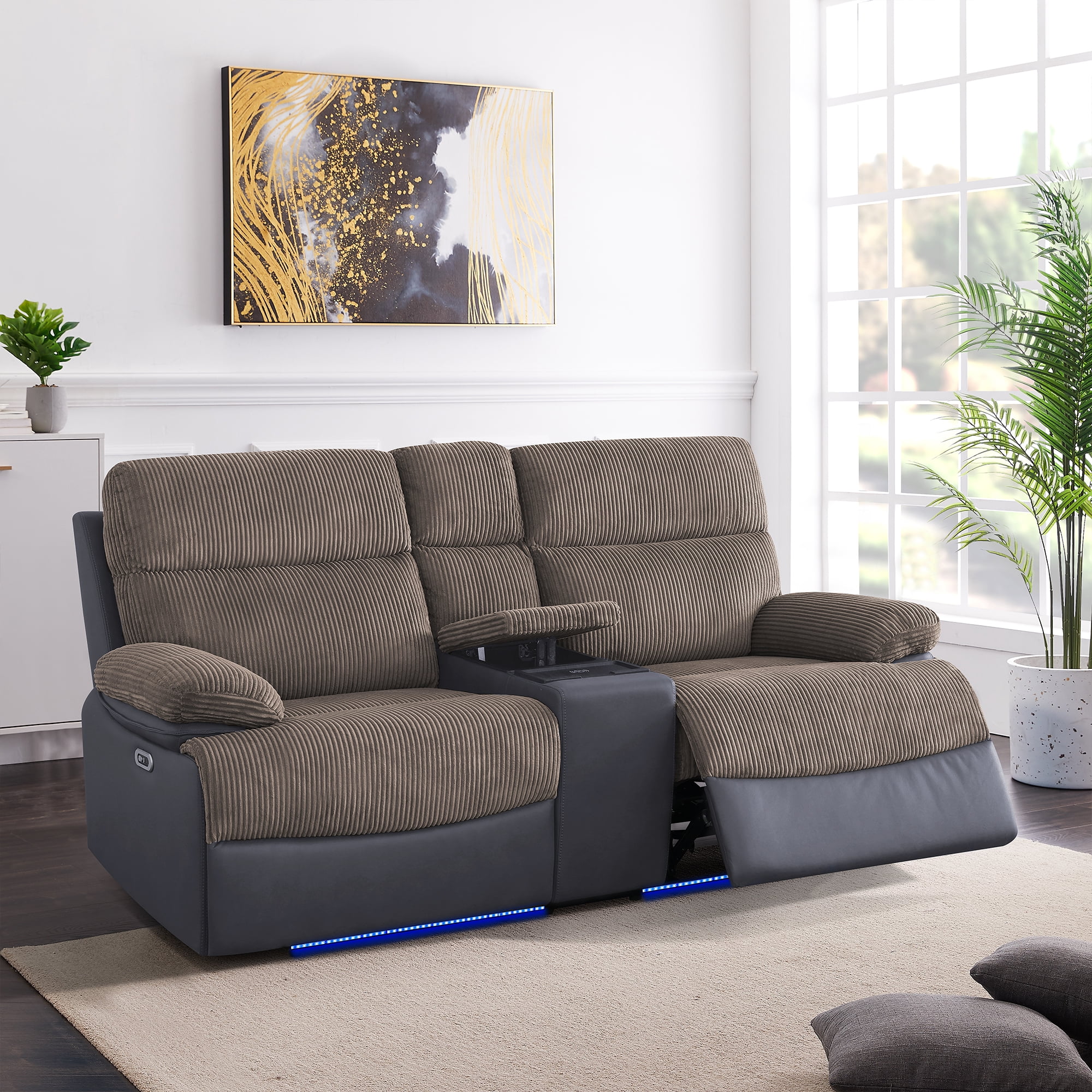 Gewnee Power Recliner with Wireless Charging, Adjustable Positions, USB & Type‑C Ports, Hidden Storage, Home Theater Furniture, Flocking‑Brown&Blackish Gray